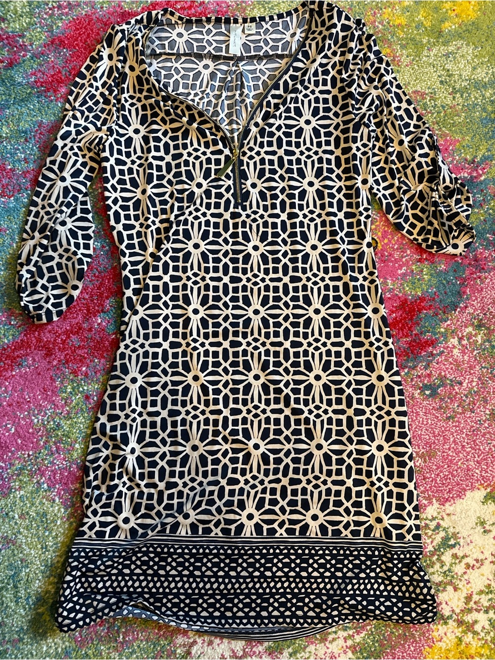 Tacera Black and Cream Geometric Midi Dress